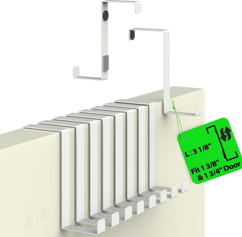 MNZ Set of 10 Over The Door Hooks - White Coat Hanger, 2-Sided Towel Holder fits 1 3/8" & 1 3/4" - Hooks for Hanging with Anti-Scratch Felt Pads, Wreath Hanger with Removable Sticky Non-Slip Dots - Image 1
